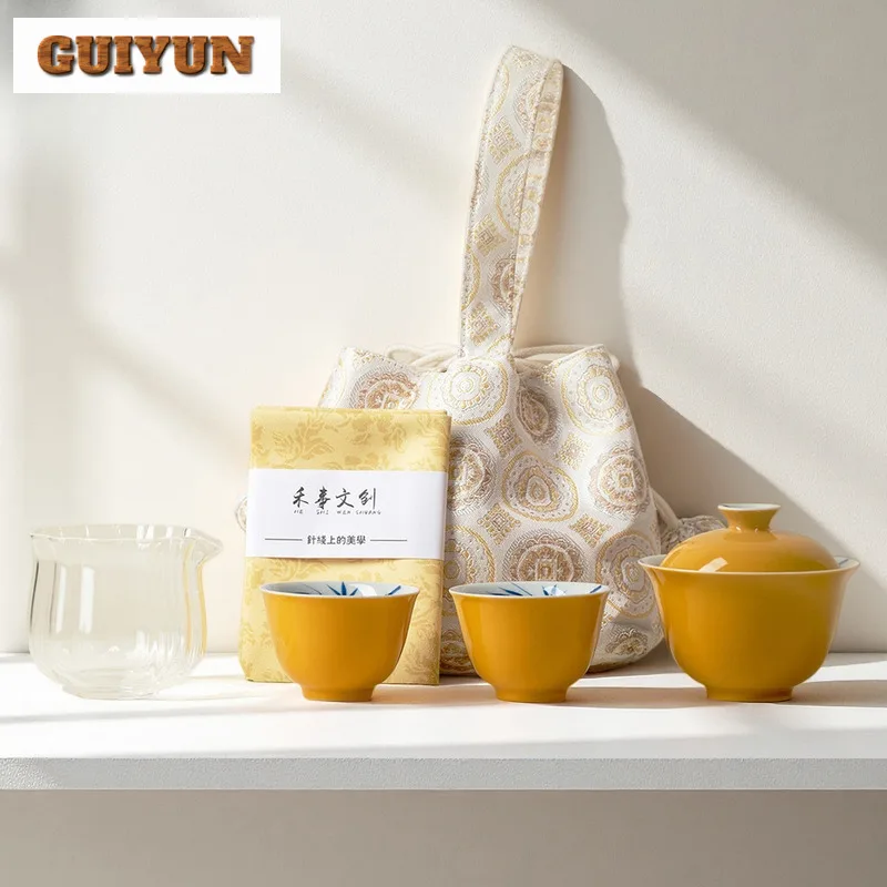 

Желтый скрытый бамбуковый дорожный чайный сервиз, винтажный 1 миска, 2 чашки, органайзер для чайника, портативная сумка для пикника, коллекция принадлежностей