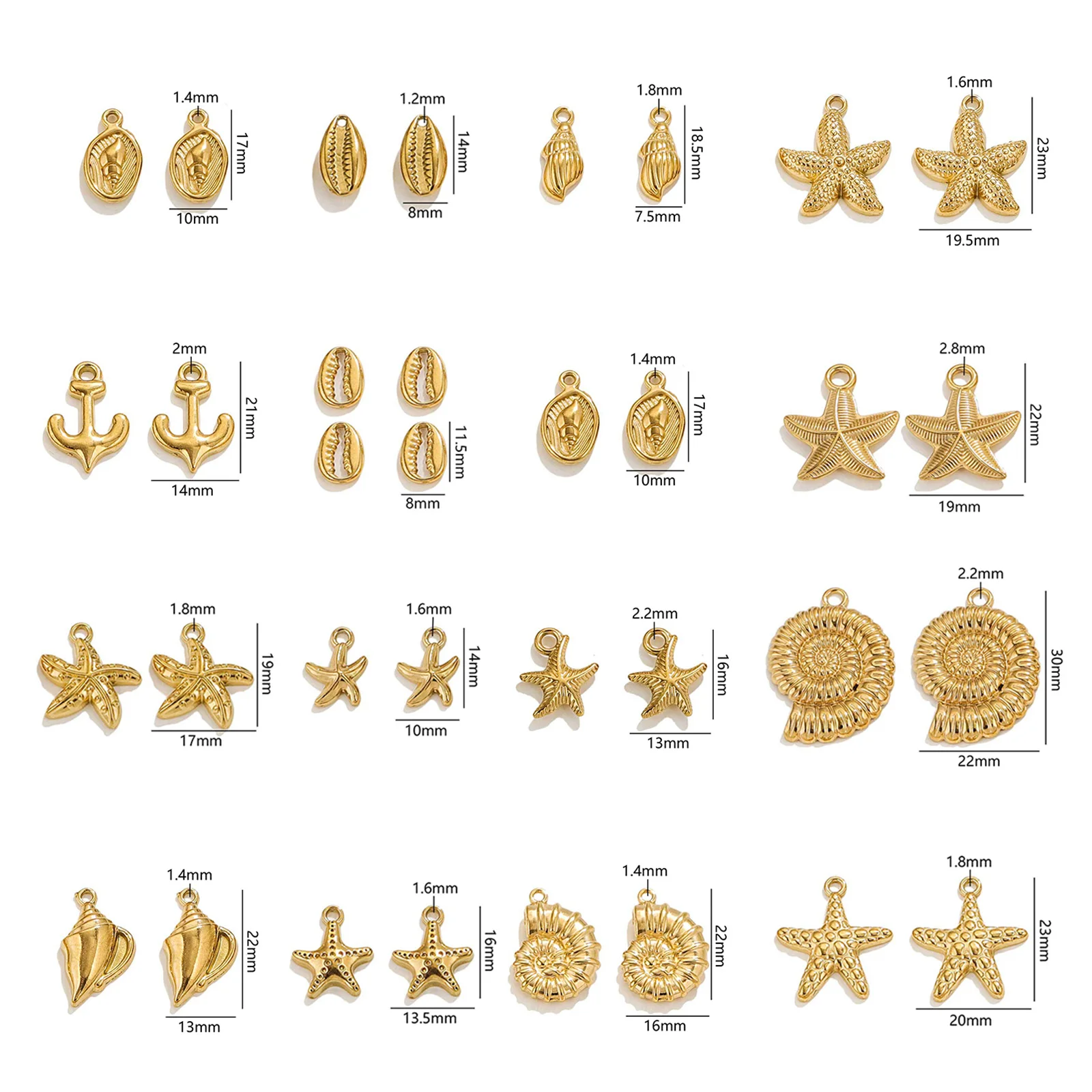 2PCs Fashion 304 Stainless Steel Ocean Jewelry Charms 18K Gold Plated Conch/ Sea Snail Star Fish Pendant Necklace DIY Findings