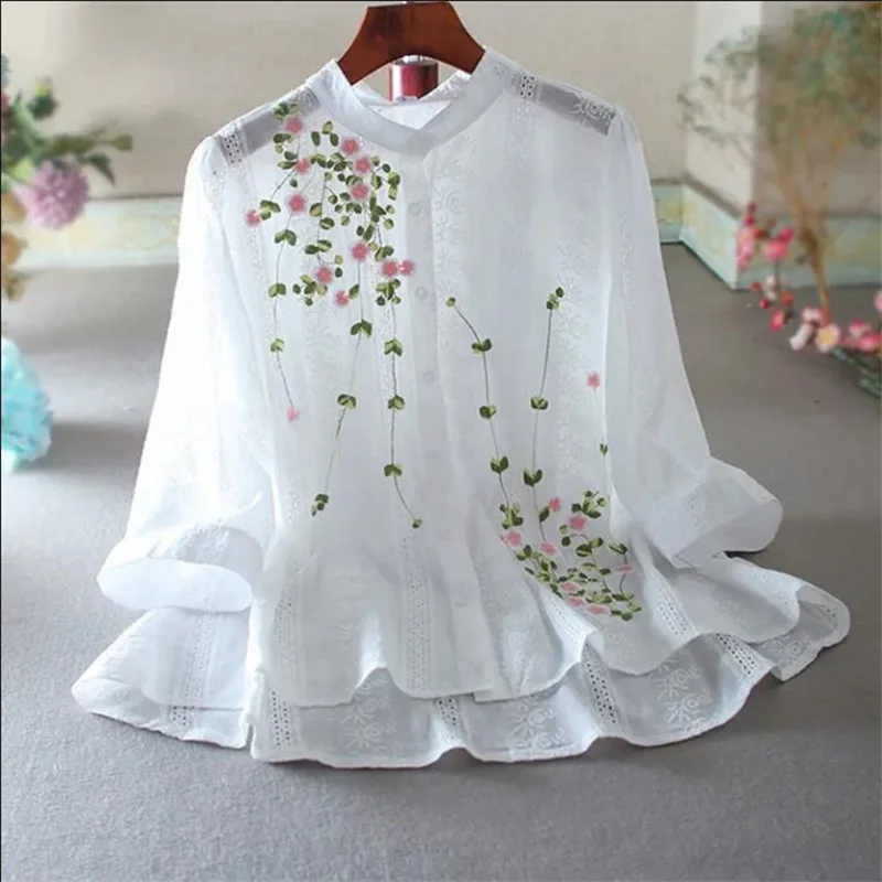 Literature Embroidery Blouses Women Shirt Loose Pure Cotton Shirt For Women Cardigan Thin Blusas Top Chinese Style Female Blouse