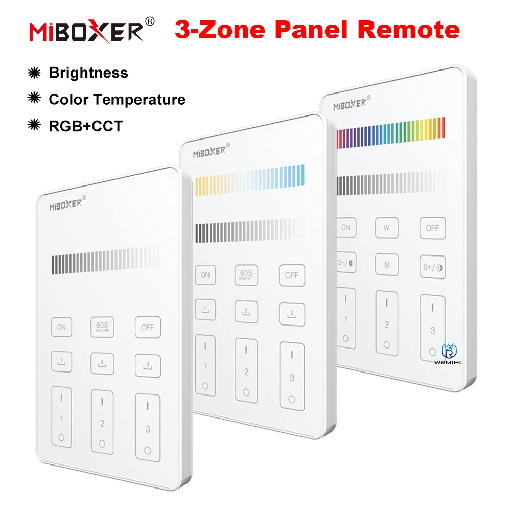 

Miboxer 3-Zone Panel Remote LED Controller Single Color Brightness U1 Color Temperature CCT U2 RGB+CCT U3 2.4G Touch Wireless