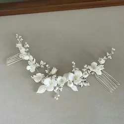 Handmade Ceramic Flower Bride Long Hair Comb Vine Beads Silver Color Leaf Headpiece Romanesque Wedding Accessories For Women