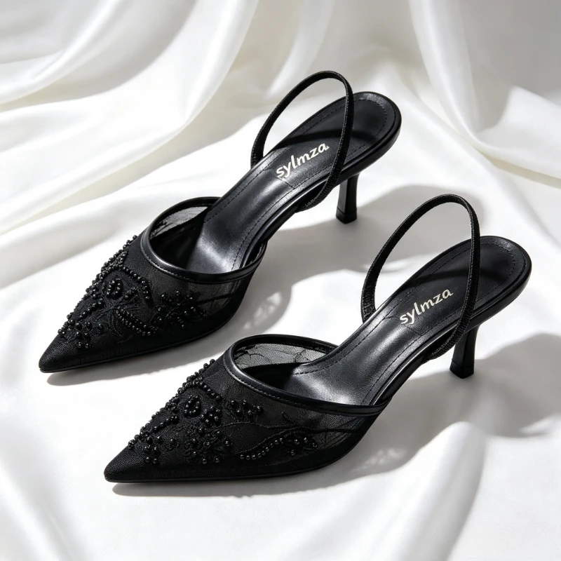 Elegant Mesh Embroidery High Heels for Women Sexy Pointed Toe String Bead Slingback Heeled Sandals Luxury Banquet Designer Shoes view 4