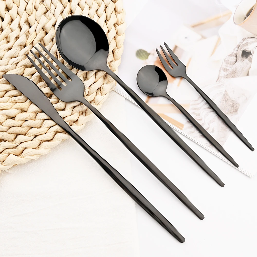 20Pcs Black Silver Cutlery Set Knife Fork Spoon Dinnerware Set Stainless Steel Cake Fork Coffee Spoon Tableware Kitchen Flatware