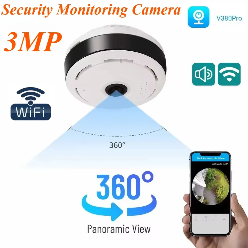 3MP Wifi Panorama Camera Security Camera 360 Degree Panoramic Fisheye IP Camera Night Vision Surveillance Camcorder V380 Pro