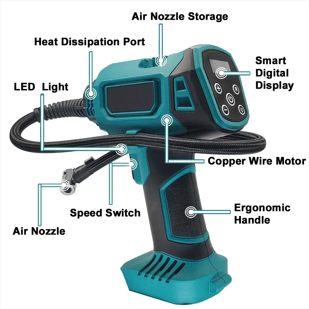 Compressore d'aria portatile per pneumatici per auto con gonfiatore automatico a batteria da 600 mm per batteria Makita 18V (senza batteria)