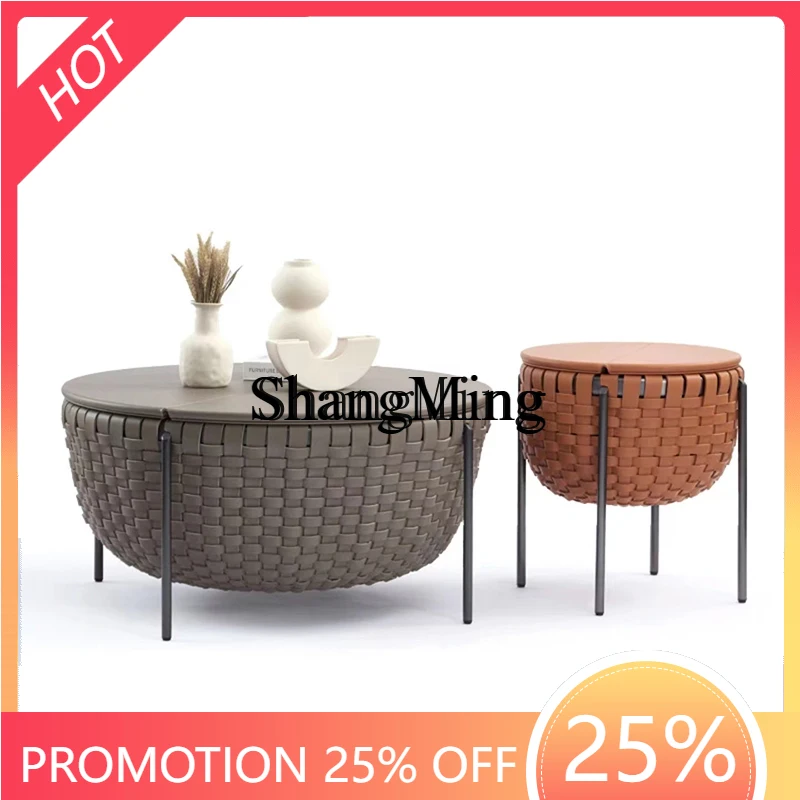 

CL coffee table light luxury saddle leather woven round stainless steel storage coffee table