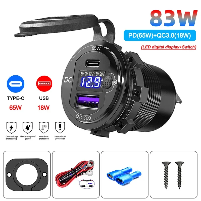 Toma de corriente para ordenador portátil de 12V/24V, cargador de coche USB C, carga súper rápida de 83W, 65W PD y QC3.0 con interruptor, pantalla