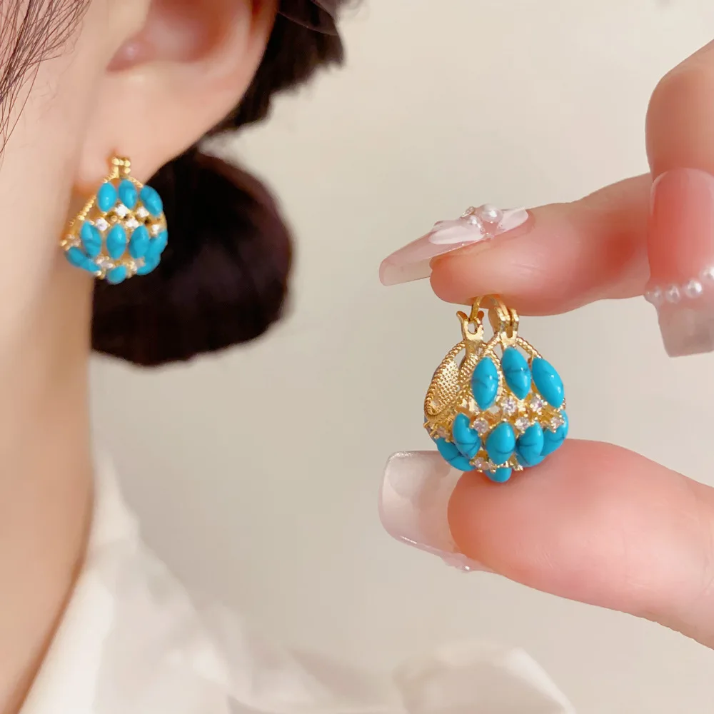 Vintage Bohemian Cluster Hoop Earrings Embellished With Bright Turquoise Beads Luxe Statement Jewelry For Women