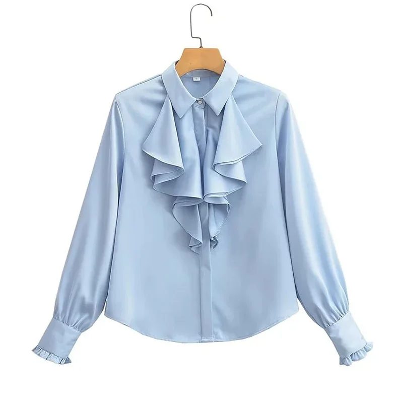 2023 Spring Autumn Ruffled Design Elegant Blouse Women New Long Sleeve Lapel Woman Shirt Solid Female Satin Loose Tops 30442