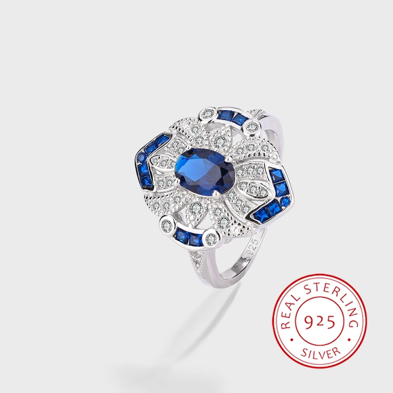 

Retro Fashion Authentic S925 Silver Hollow Sapphire Temperament Luxury Ladies Ring Exquisite and Elegant