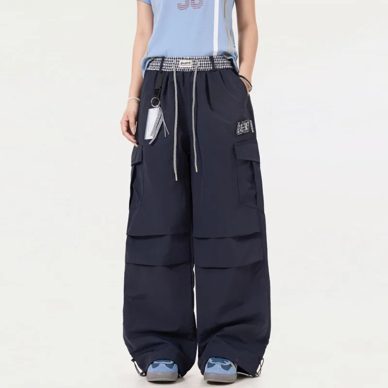 OR FL Checkered Pattern Splicing Leisure Paratrooper Pants Thin Style Retro Versatile High Waist Wide Leg Sports Cargo Trousers
