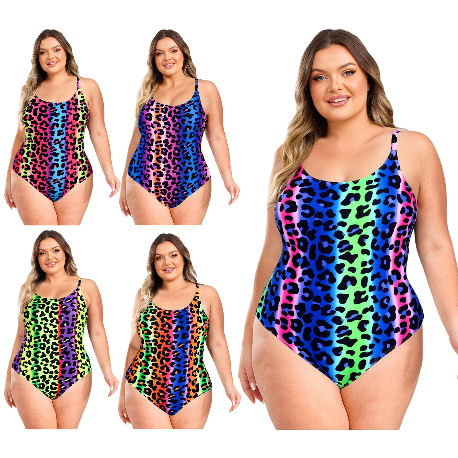 Women Plus Size One Piece Swimsuit Criss Cross Shoulder Straps Slim Fit Athletic Swimwear Leopard Print Fashion Bathing Suit