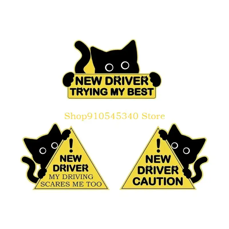 U2JA 3Pcs Black Cats Reflective New Driver Magnet Stickers Decals For Safe Driving