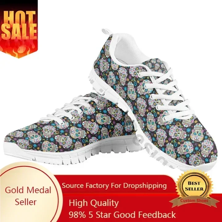 

Cool Skull Floral Pattern Woman Flats Shoes Spring/Autumn Lace Up Sneaker Female Casual Footwear Non-slip Large Size Trainers