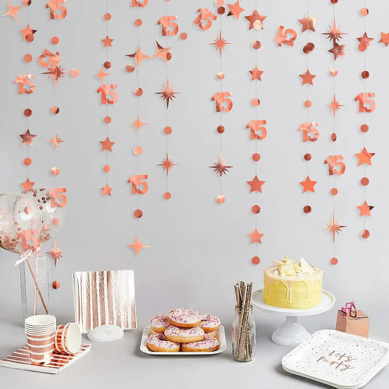 Rose Gold 15th Birthday Banner Decorations Number 15 Circle Dot Twinkle Star Garlands Hanging Backdrop for 15th Birthday Party