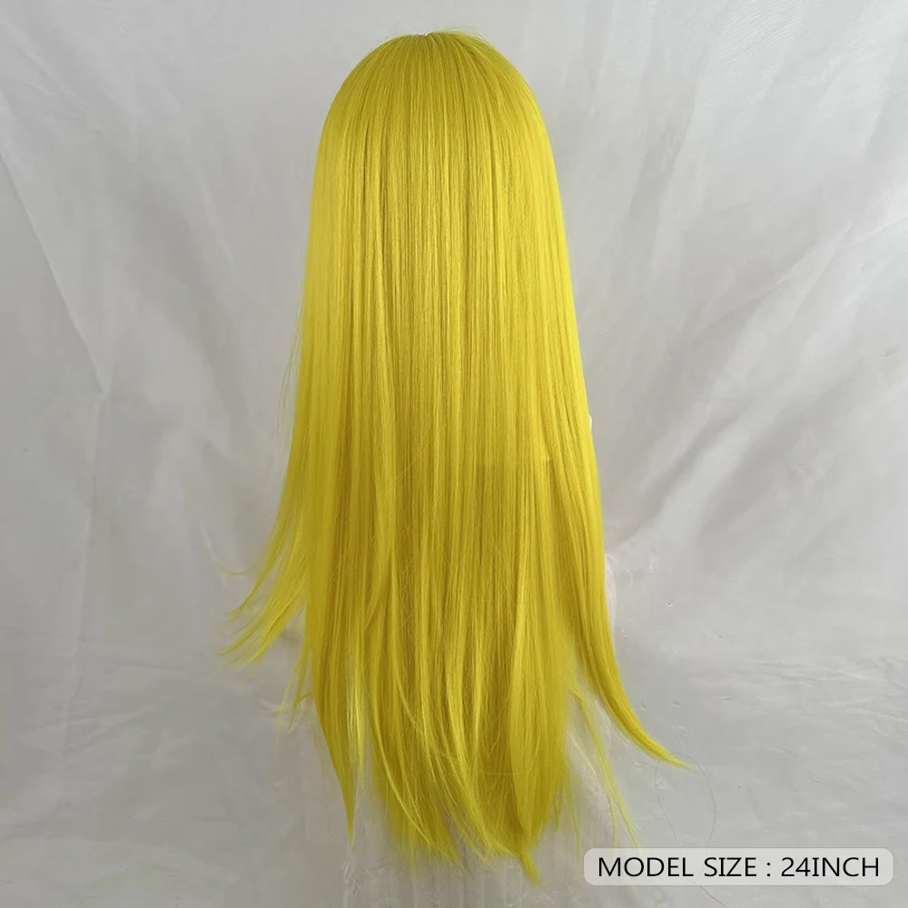 Lemon Yellow Long Straight Synthetic Layered Wig with Bangs Lolita Cosplay Women Fluffy Wig for Daily Party