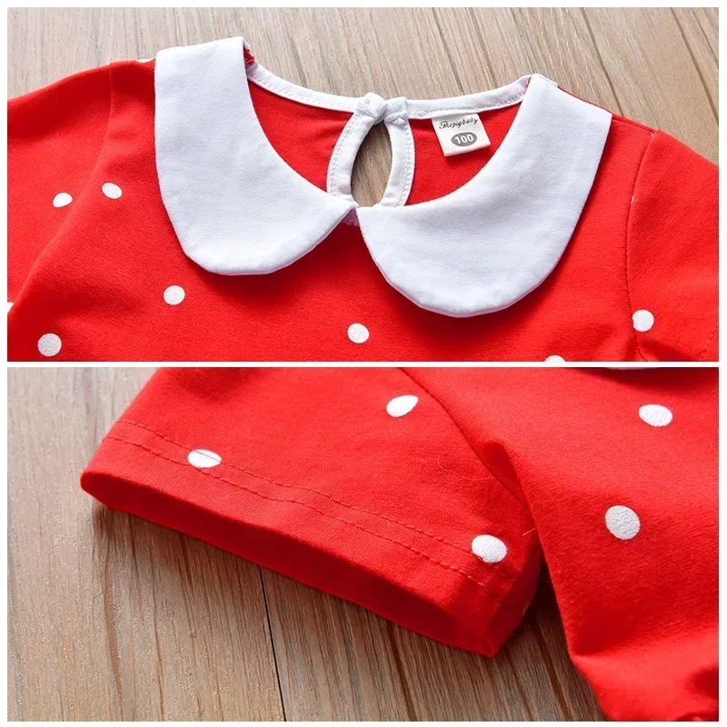 Girls Dress Summer Children Round Collar Dots Short-sleeve Dresses Kids Girl Red Princess Dress Cotton Casual Clothing