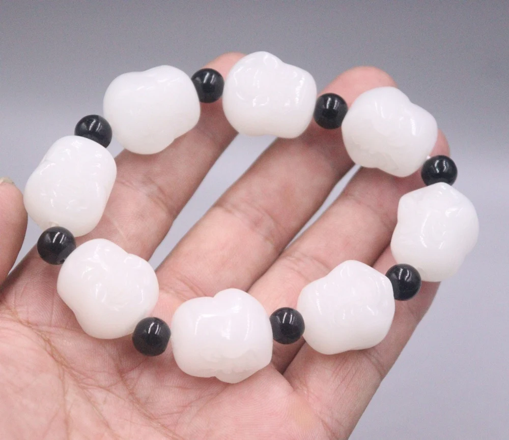 Natural White Jade Men Women Lucky Bless Carved Buddha Head Beaded Bracelet