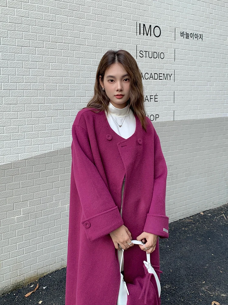 High-end Handmade Long Wool Coat with Scarf Women Solid Women Wool Coat Luxury Double-sided O Neck Loose Jacket Autumn Winter