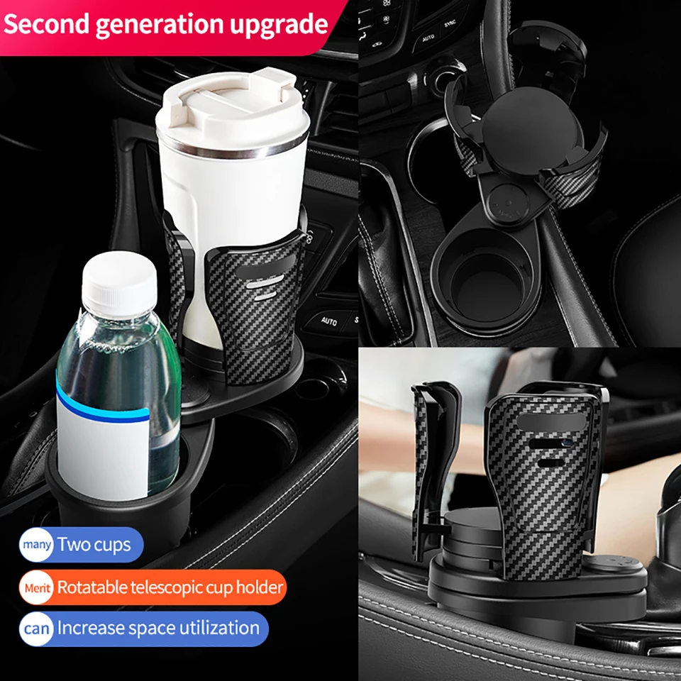 2 in 1 Multifunctional Car Cup Holder 360° Rotating Adjustable Car Cup Holder Expander Adapter Base Tray for Snack Bottles Cups