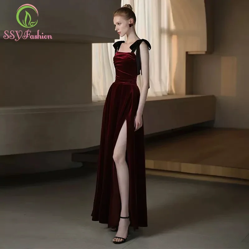 

SSYFashion Wine Red Velour Evening Dress Simple High Split Floor-length Elegant Formal Gowns for Women Vestidos De Fiesta