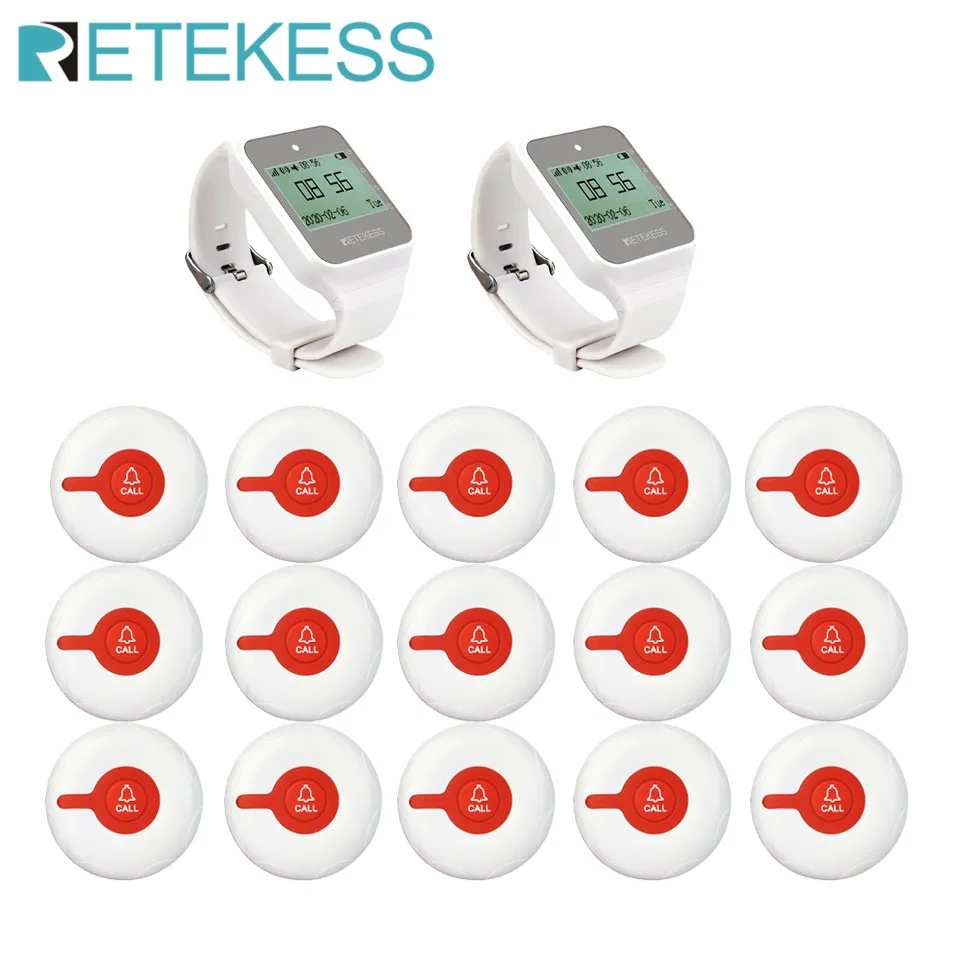 RETEKESS Wireless Waiter Calling System Restaurant Pager 2 TD108 Watch Receiver +15 TD009 Button For Hookah Cafe Nurse Clinic