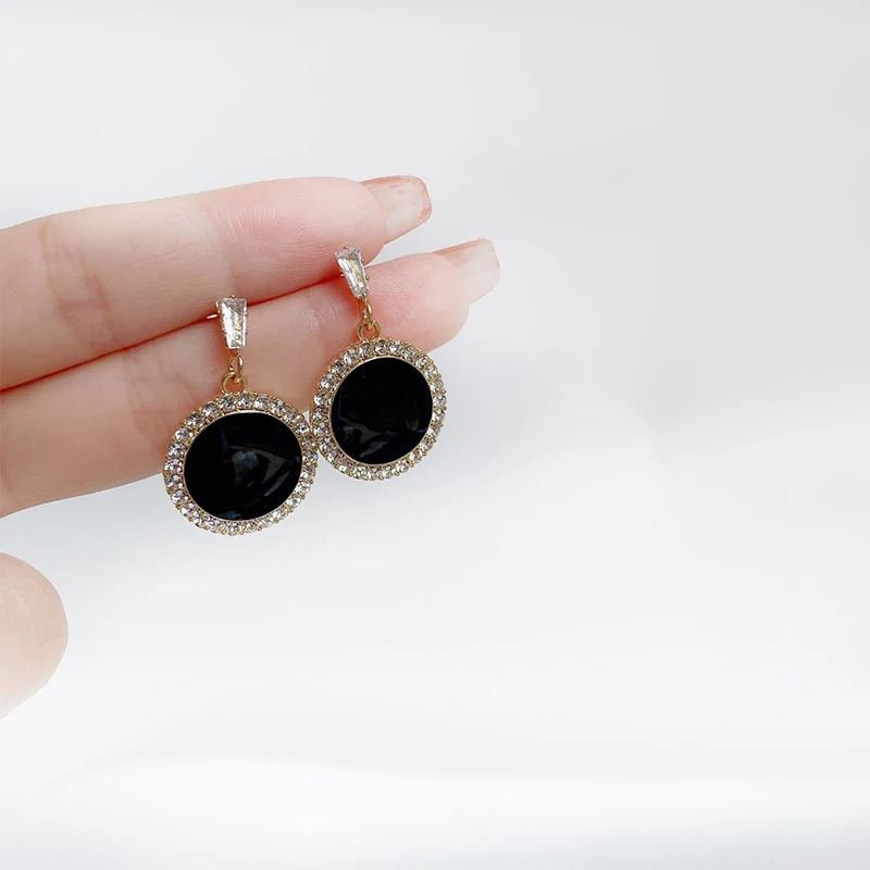 Womens Stud 925 Silver Needle Glitter Earrings for Women Black Glaze Crystal Earrings Drop Round Wedding Engagement Ornaments