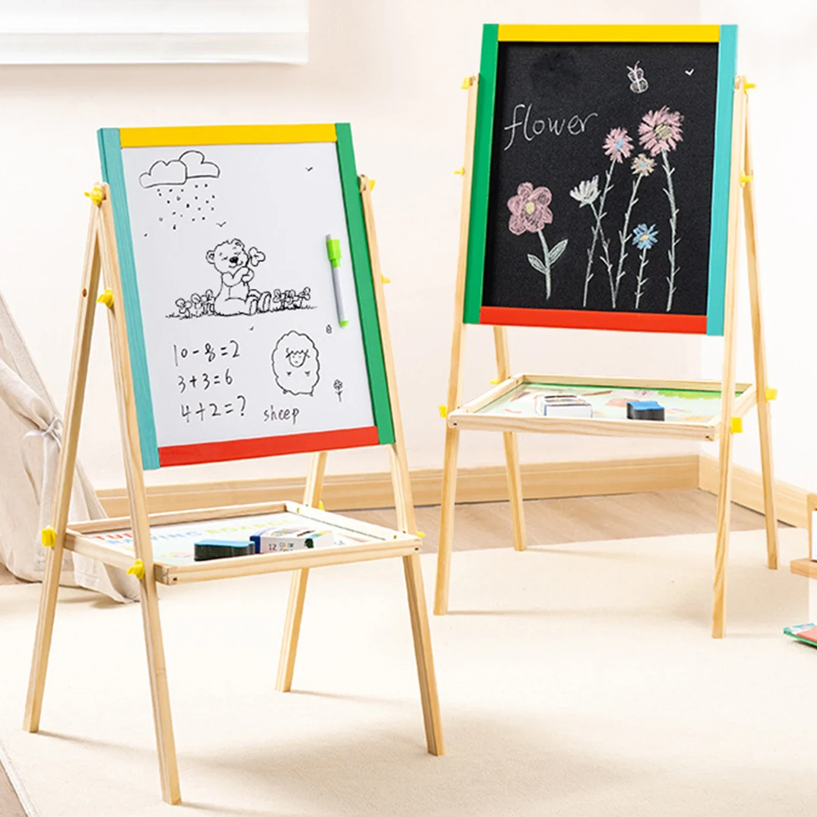 

Kids Wooden Art Easel Drawing Frame Stand Foldable Whiteboard Blackboard Easel with Stand Multifunctional 2 in 1 Chalkboard