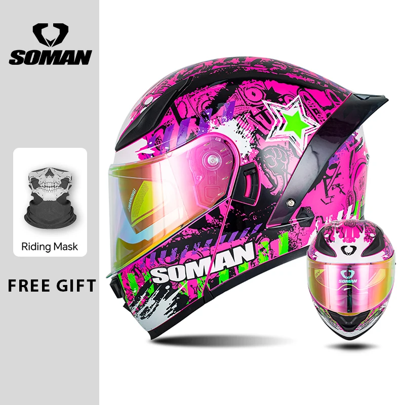 

SOMAN Men's Flip Up Motorcycle Helmets Dual Lens DOT Professional Color Lens Large Tail Wing Modular Moto Helmet Factory Price