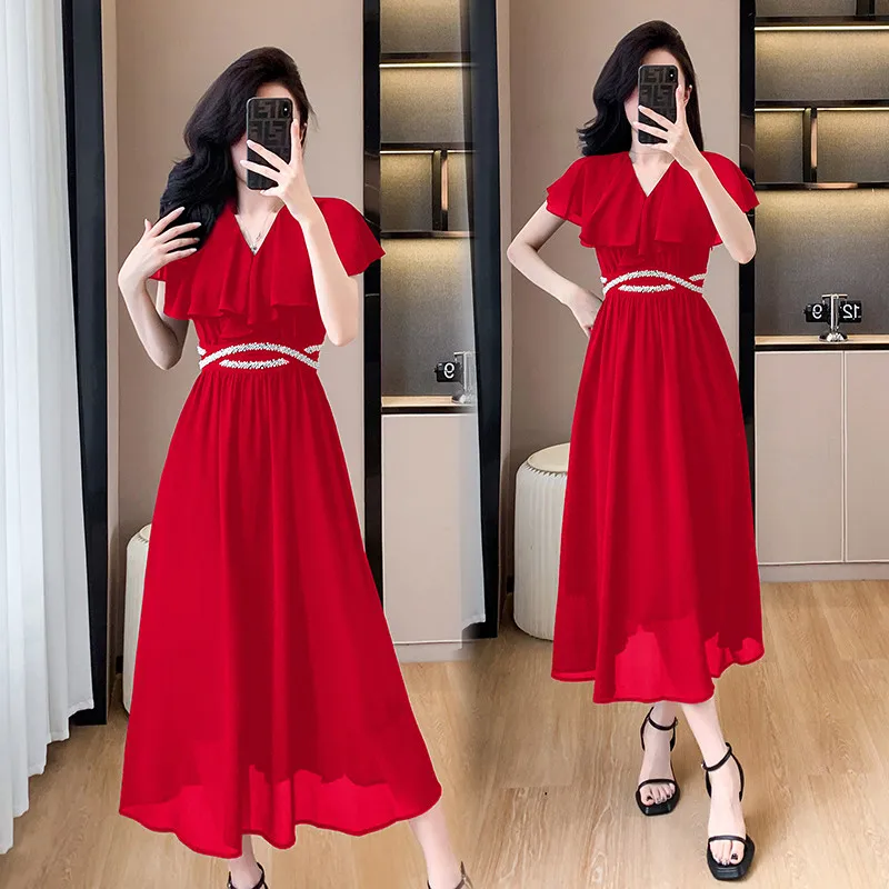 

2026 New Women Summer Dress New High-end Chiffon Pearl Border Waist Cinched Mid Length Dress Ladies Office Dress Women Clothing