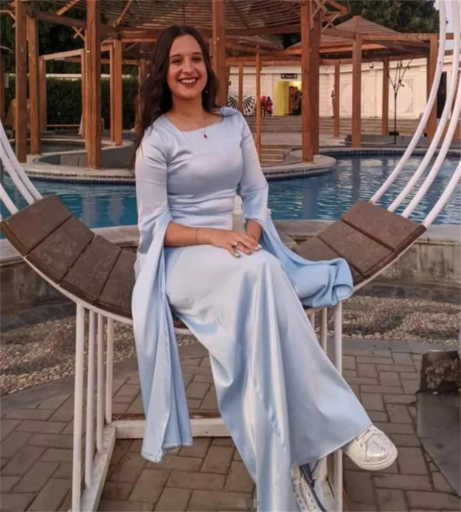 Glam Light Blue Evening Dress Arabic Dubai Mermaid Prom Dresses Elegant Long Sleeve Formal Occasion Birthday Party Customized