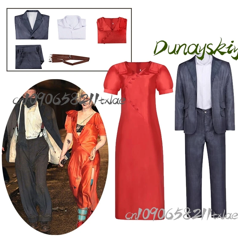 

Костюмы для косплея по фильмам ужасов: готические черные наряды для жениха и невесты, серый полосатый костюм, оранжево-красное атласное платье для карнавала