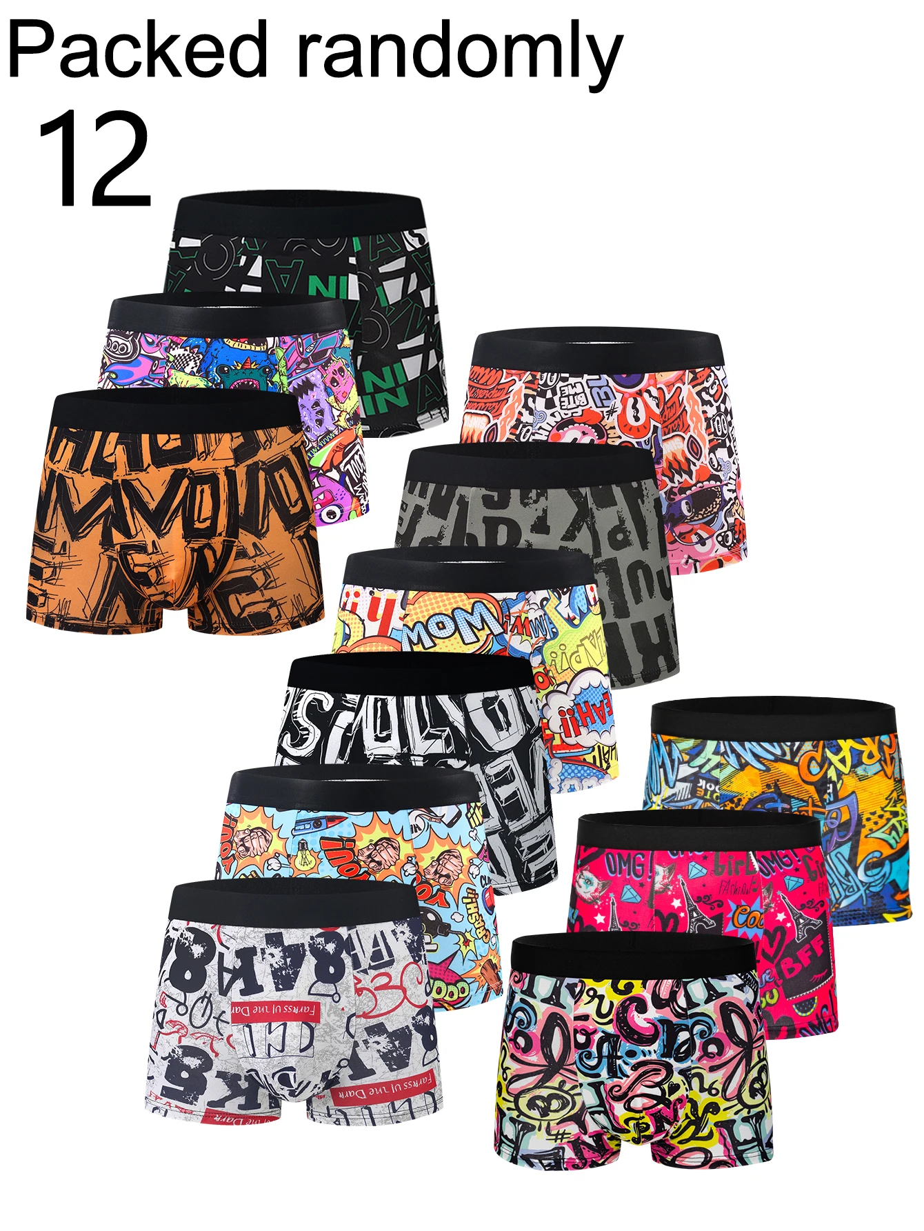 12-Pack Men's Graffiti Print Boxer Briefs Trendy Artistic Letter Patterns Elastic Men's Boxer Shorts Random Packaging