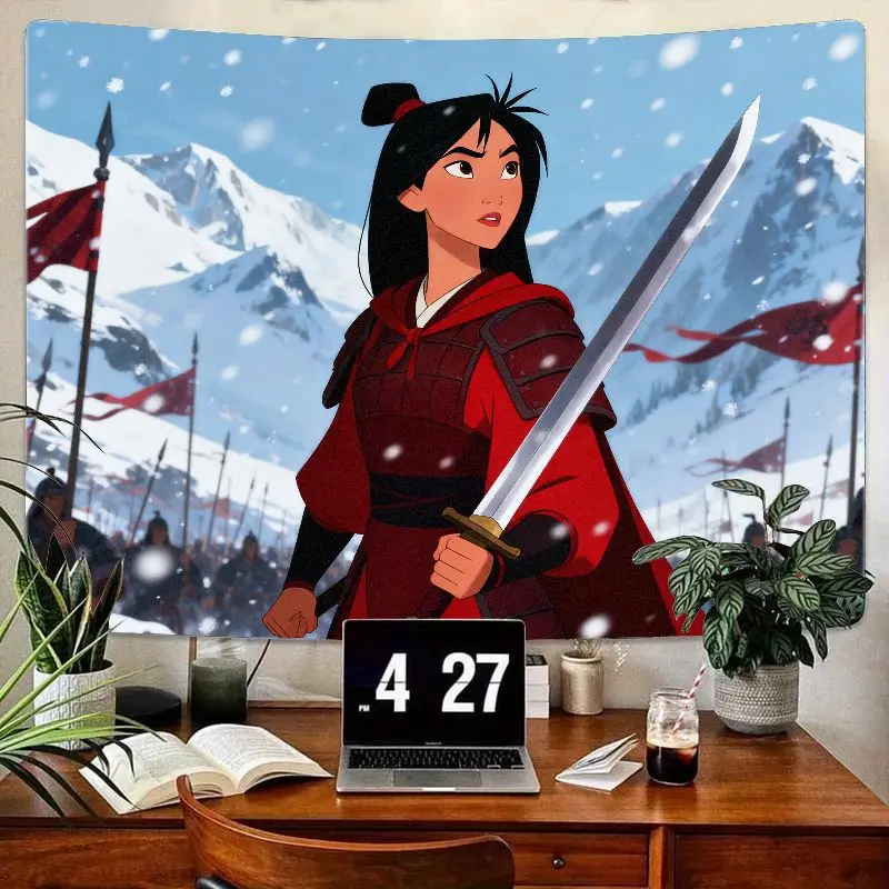 

1 шт. гобелен принцессы мулан-воина, героиня с мечом, настенное искусство «Снежная гора» для декора гостиной, спальни, подарок для фанатов.