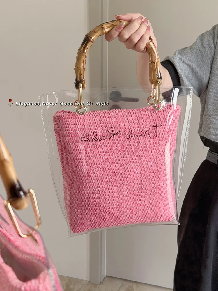 Transparent Handbag 2023 New Summer Sequin Design Bucket Bag Fashionable Single Shoulder Crossbody Bag Bamboo Handle