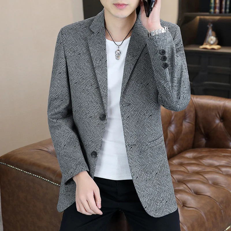 HOO 2024 Men's New Casual Slim-Fit Printed blazer Youth Autumn Fashion Handsome Double Buckle   blazer