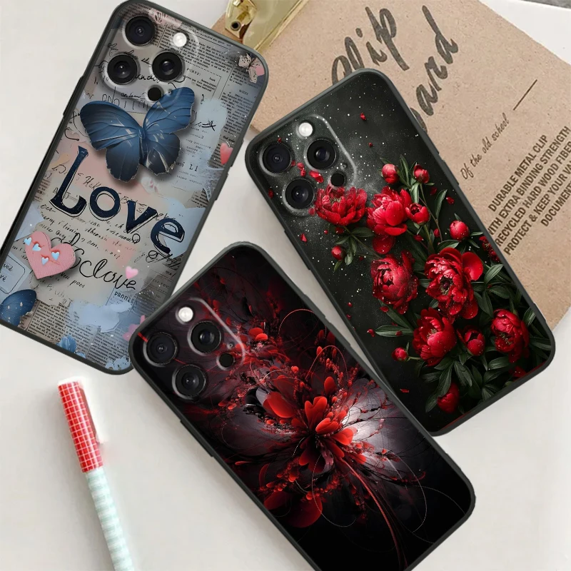 Flower Mysterious Fashion Cool For iPhone 15 14 13 12 11 XS XR X 8 7 SE Pro Max Plus Mini Black TPU Phone Case