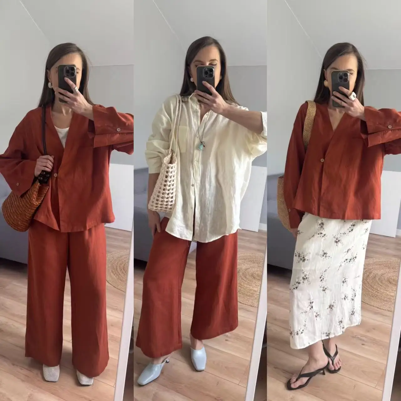 Women's Linen Two-Piece Set: Kimono Wrap Top & Wide-Leg Pants