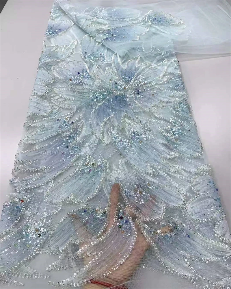 Tessuto di pizzo con perline africane di lusso Materiale per cucire abiti da festa nigeriani con paillettes di alta qualità