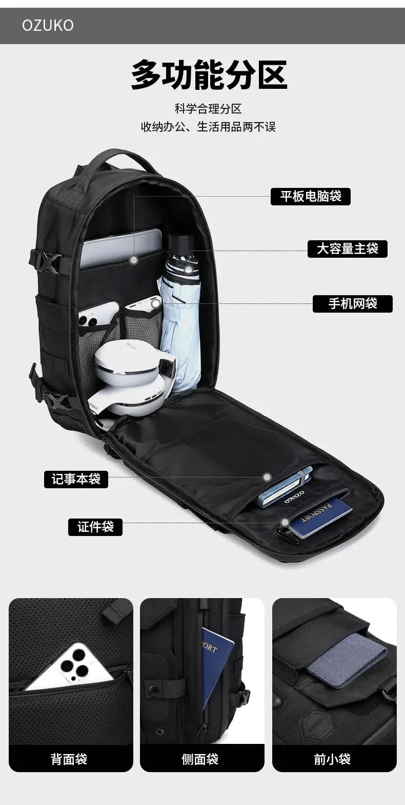 OZUKO Umhängetasche für Herren, Brusttasche, wasserdicht, taktische Taille, Umhängetasche, Reißverschluss, modisch, Outdoor-Sport, großes Fassungsvermögen, Schwarz – Detail 6