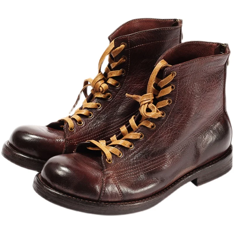 

British Style Cowhide Work Boots Men's Shoes Genuine Leather High Top Round Toe Outdoor Riding Chelsea Motorcycle Boots Male