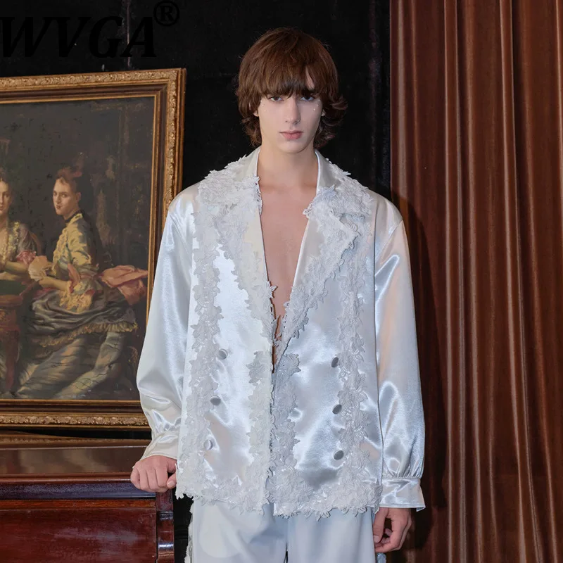 WVGA Spring Autumn New Men White Lace-trimmed Long-sleeve Shirt Stylish Handsome Design Trendy Satin Suit Collar Tops Ins W28972