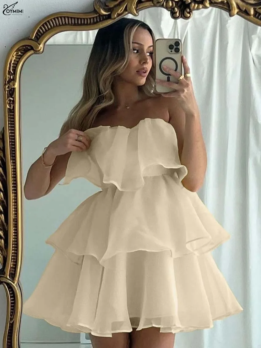 Oymimi-vestido informal con volantes de color albaricoque para mujer, vestidos a la moda de cintura alta con espalda abierta, minivestidos plisados con cremallera elegante, ropa de calle