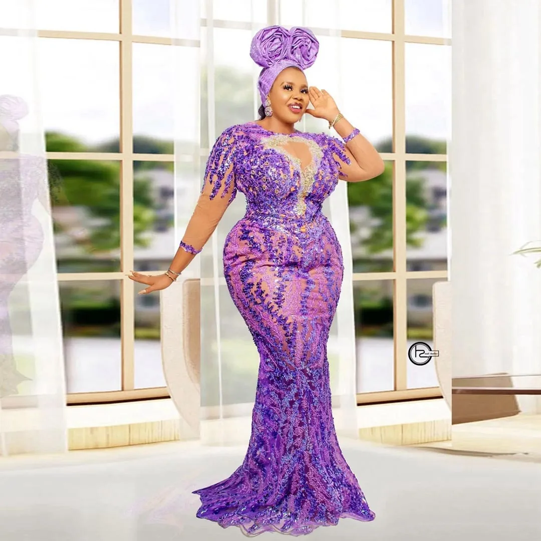 Женское вечернее платье-Русалка Aso Ebi, фиолетовое Прозрачное платье с блестками, с длинным рукавом, официальное платье в африканском стиле для выпускного вечера