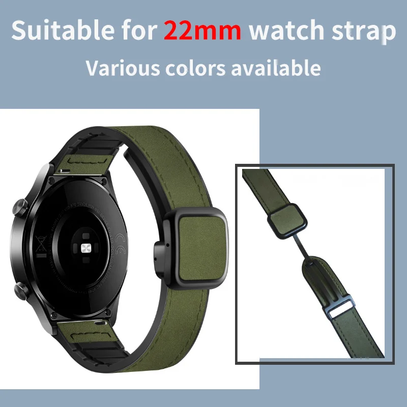 Correa de cuero con hebilla magnética, banda de silicona de 22mm para Samsung Watch Galaxy 6 5 Pro4,Huawei GT2 y Amazfit Vintage