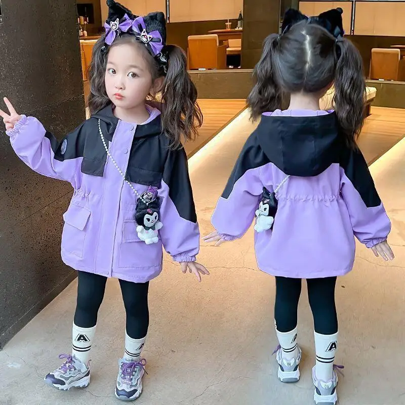 

Новая стильная куртка Sanrio для девочек Kuromi, детская куртка с закрытой талией, универсальная модная ветровка, весенне-осенний стиль, хит продаж