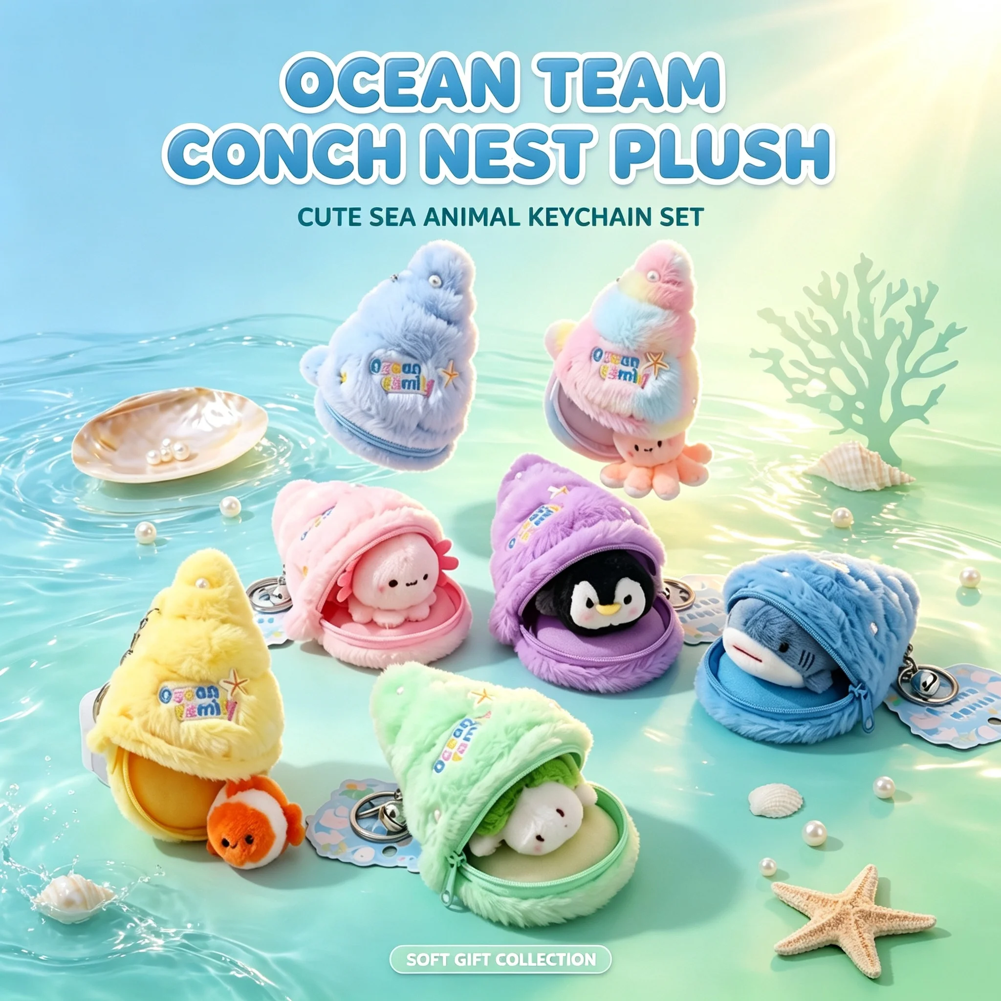 13cm Marine Team Animal Plush Keychain Conch Nest Style Shark Penguin Octopus Pendant Doll Bag Decor Kid Birthday Gift