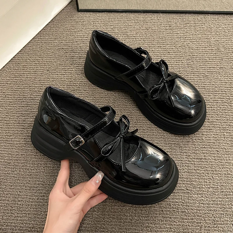 

Hot Selling Round Toe Retro College Style Thick Soled Small Leather Shoes for Women, Versatile Butterfly Bow Mary Jane Shoes