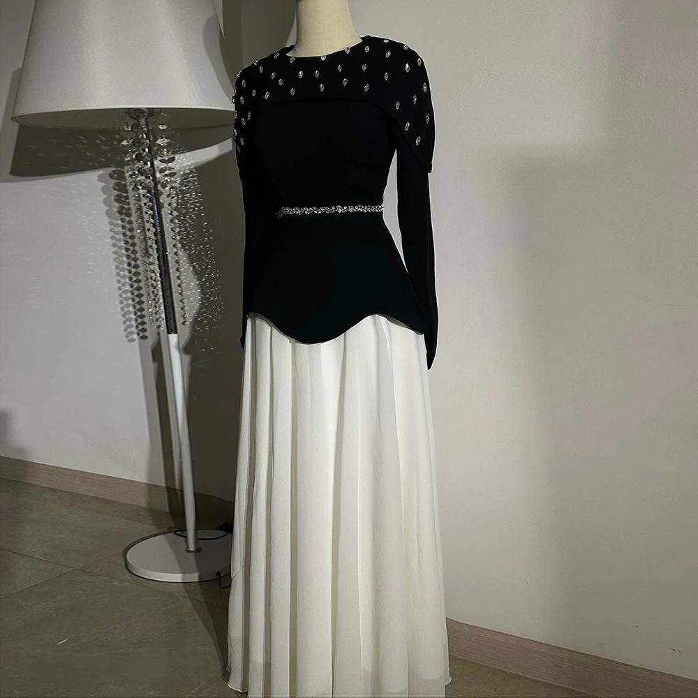 Customized A-line Evening Dresses Floor-length O-neck Full Sleeve Prom Gown Fashion Crystal Simple Draped Exquisite Party Gown