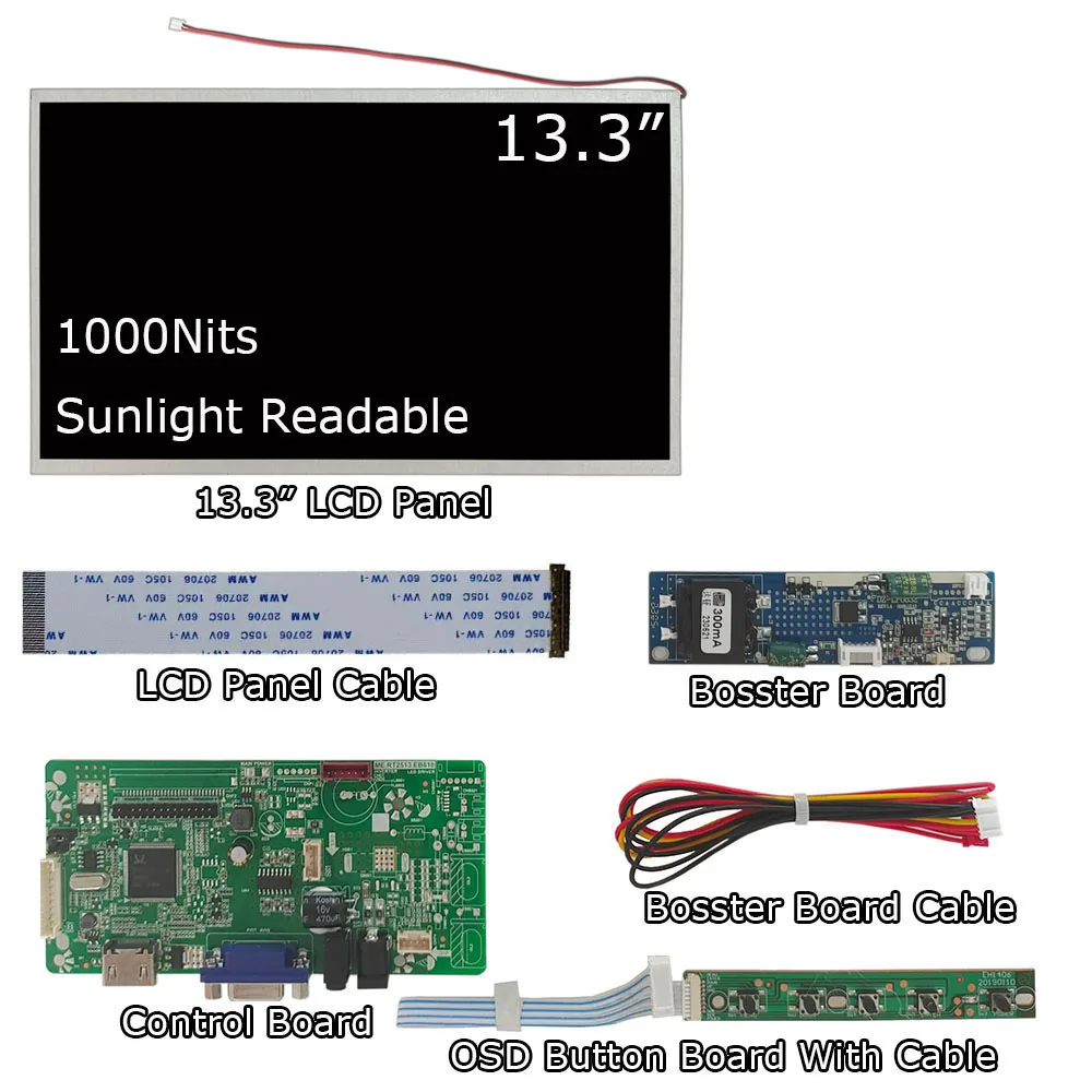 13.3 Inch 1080P 1000Nits LCD Screen Module 1920x1080 Industrial Grade LCD Panel With Driver Board VGA HDMI Interface